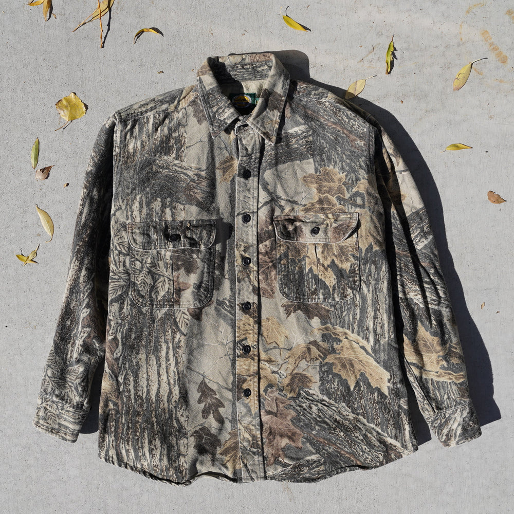 Reworked vintage Cabela’s Bark camo flannel – heavyweight cotton, handcrafted Wyoming outdoor shirt from the Vintage Wyoming Gear Collection at West Block Vintage