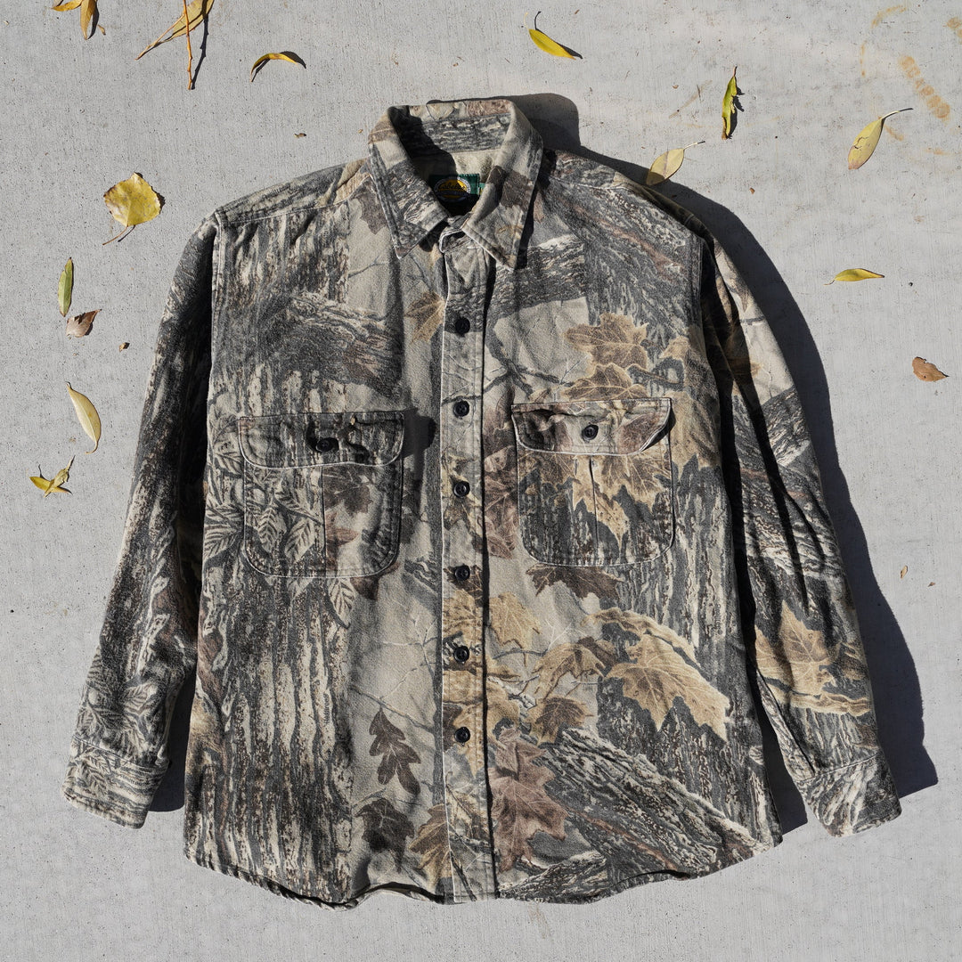 Reworked vintage Cabela’s Bark camo flannel – heavyweight cotton, handcrafted Wyoming outdoor shirt from the Vintage Wyoming Gear Collection at West Block Vintage