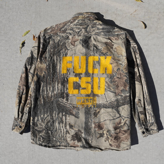 Reworked vintage Cabela’s Bark camo flannel – heavyweight cotton, handcrafted Wyoming outdoor shirt from the Vintage Wyoming Gear Collection at West Block Vintage