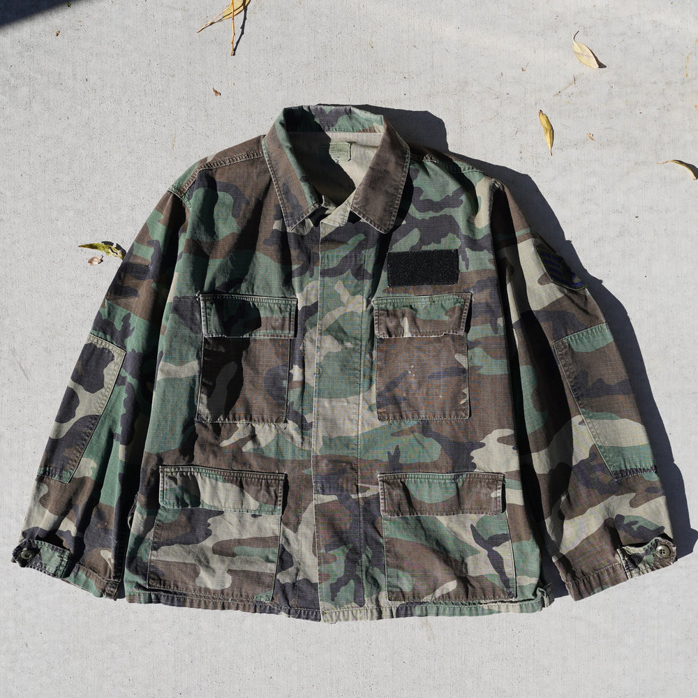 Reworked vintage woodland camo military jacket – cotton ripstop, handcrafted Wyoming outerwear from the Vintage Wyoming Gear Collection at West Block Vintage