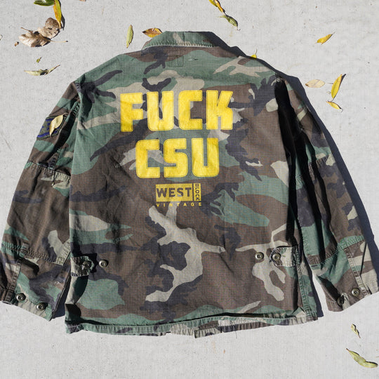 Reworked vintage woodland camo military jacket – cotton ripstop, handcrafted Wyoming outerwear from the Vintage Wyoming Gear Collection at West Block Vintage