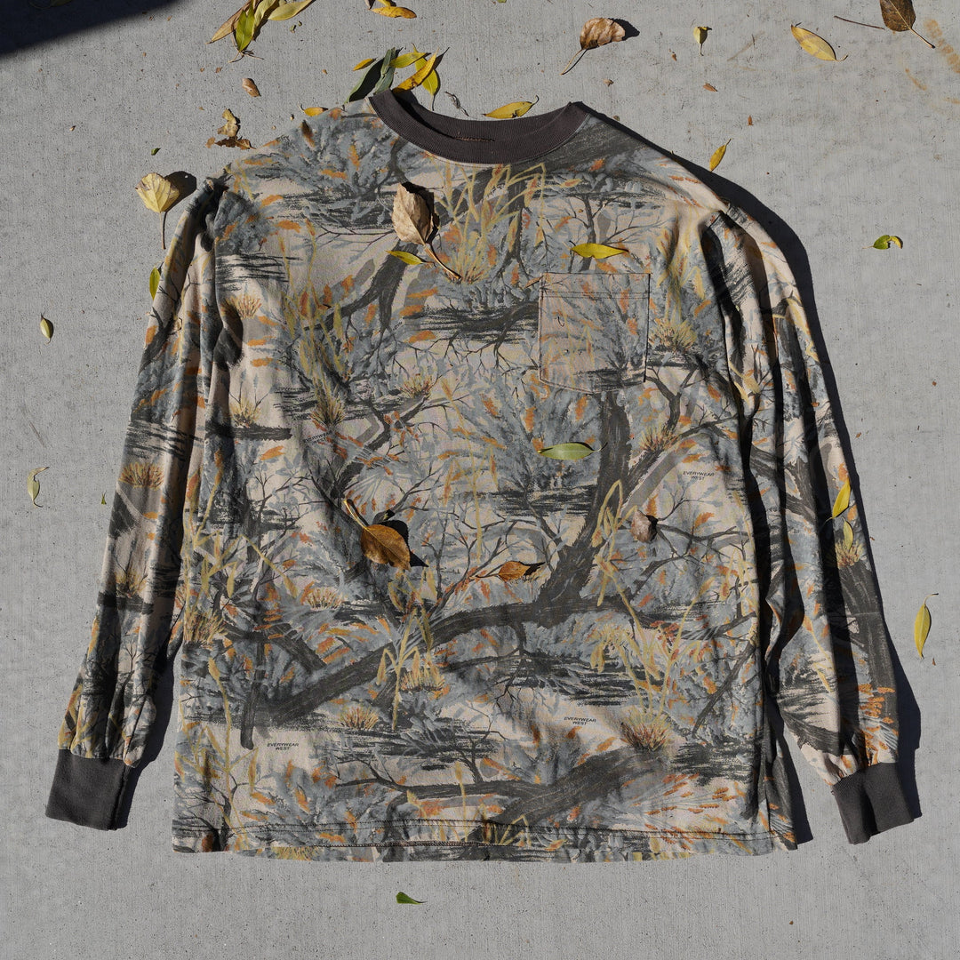 Reworked vintage tree limb camo long sleeve tee – 1990s style, screen printed in Wyoming, handcrafted outdoor apparel from the Vintage Wyoming Gear Collection at West Block Vintage.