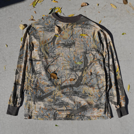 Reworked vintage tree limb camo long sleeve tee – 1990s style, screen printed in Wyoming, handcrafted outdoor apparel from the Vintage Wyoming Gear Collection at West Block Vintage.