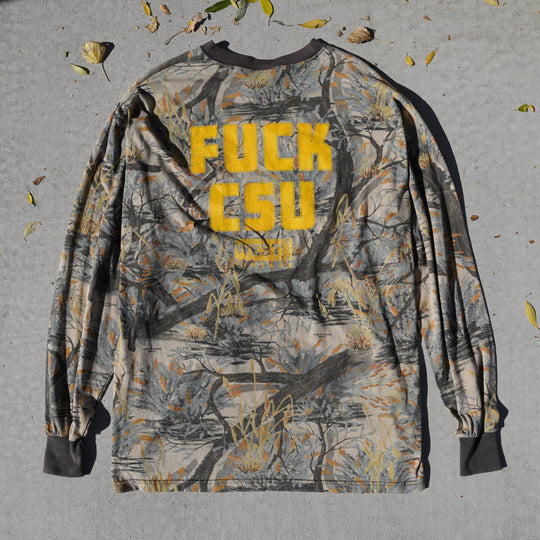 Reworked vintage tree limb camo long sleeve tee – 1990s style, screen printed in Wyoming, handcrafted outdoor apparel from the Vintage Wyoming Gear Collection at West Block Vintage.
