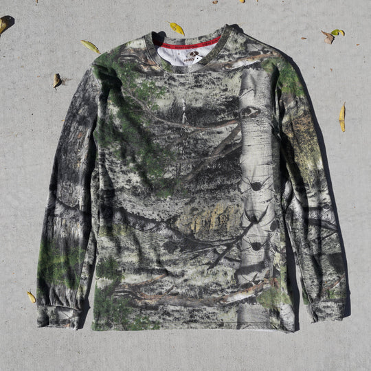 Reworked vintage Mossy Oak camo long sleeve tee – 2000s style, screen printed in Wyoming, handcrafted outdoor apparel from the Vintage Wyoming Gear Collection at West Block Vintage.