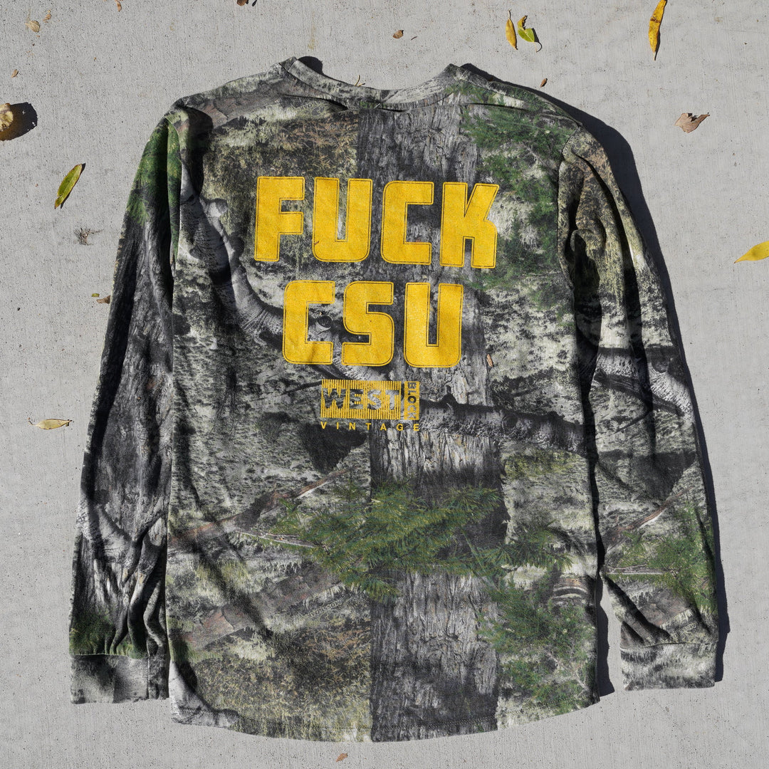 Reworked vintage Mossy Oak camo long sleeve tee – 2000s style, screen printed in Wyoming, handcrafted outdoor apparel from the Vintage Wyoming Gear Collection at West Block Vintage.