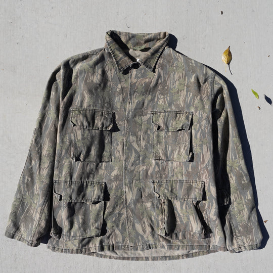 Reworked vintage Shadow Branch camo lightweight jacket – 1980s style, screen printed in Wyoming, handcrafted outdoor apparel from the Vintage Wyoming Gear Collection at West Block Vintage.