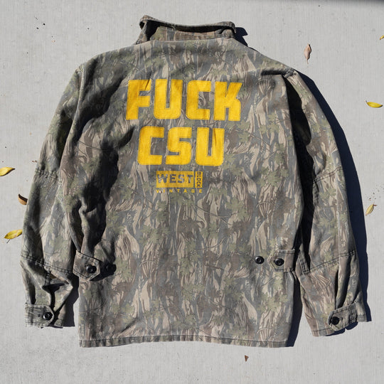 Reworked vintage Shadow Branch camo lightweight jacket – 1980s style, screen printed in Wyoming, handcrafted outdoor apparel from the Vintage Wyoming Gear Collection at West Block Vintage.