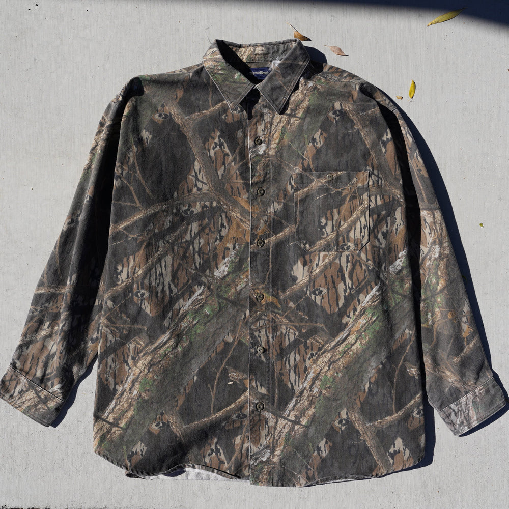Reworked vintage Shadow Branch camo flannel – heavyweight cotton, handcrafted Wyoming outdoor shirt from the Vintage Wyoming Gear Collection at West Block Vintage