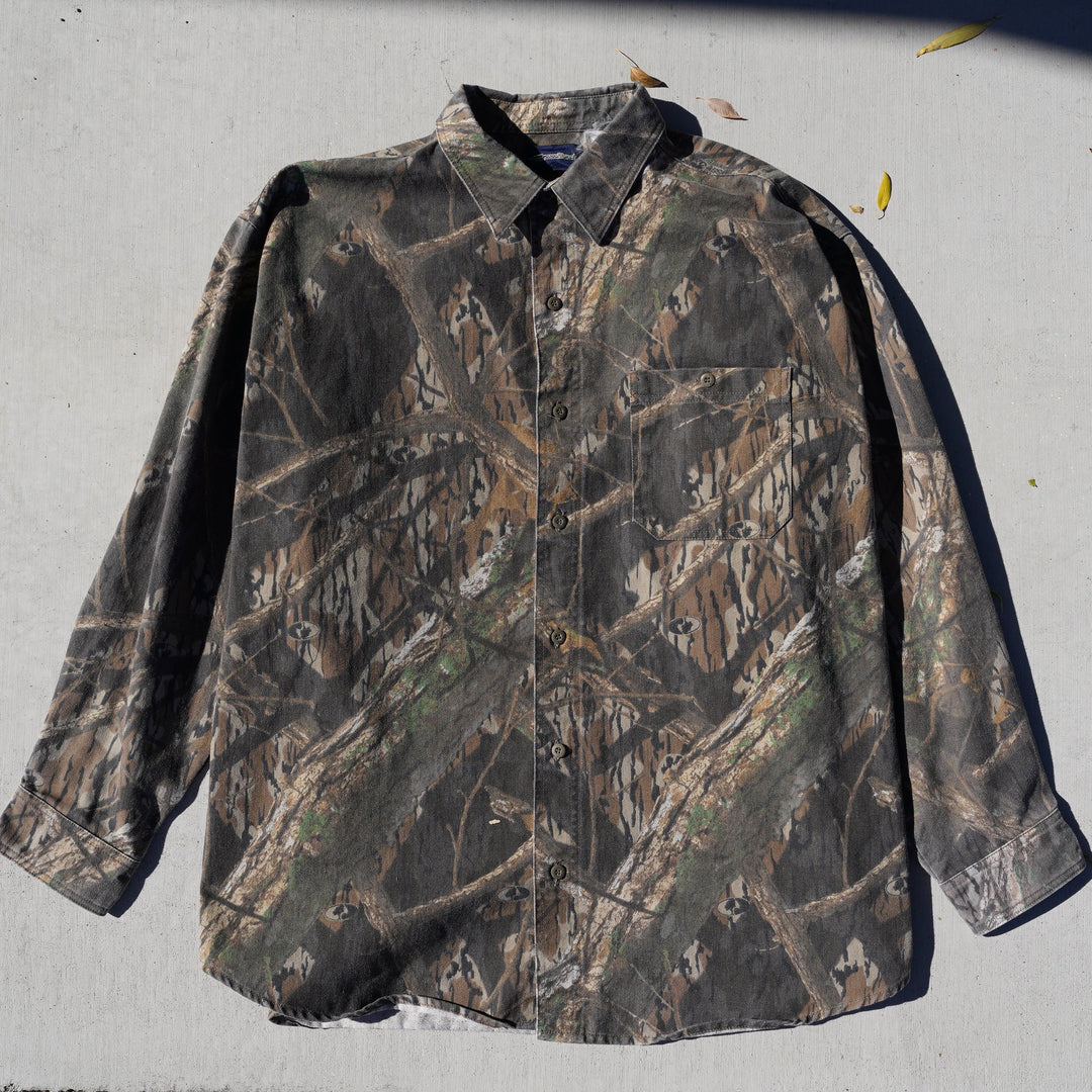 Reworked vintage Shadow Branch camo flannel – heavyweight cotton, handcrafted Wyoming outdoor shirt from the Vintage Wyoming Gear Collection at West Block Vintage