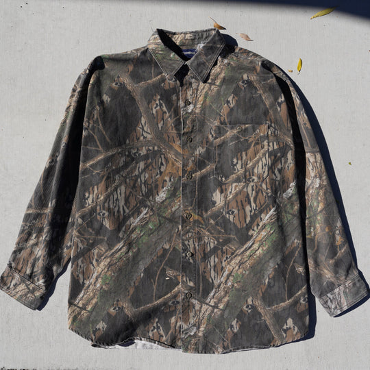Reworked vintage Shadow Branch camo flannel – heavyweight cotton, handcrafted Wyoming outdoor shirt from the Vintage Wyoming Gear Collection at West Block Vintage