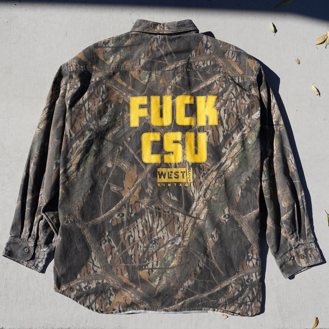 Reworked vintage Shadow Branch camo flannel – heavyweight cotton, handcrafted Wyoming outdoor shirt from the Vintage Wyoming Gear Collection at West Block Vintage