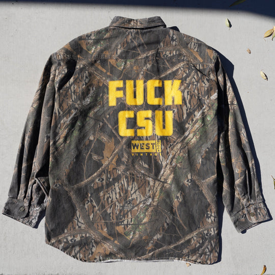 Reworked vintage Shadow Branch camo flannel – heavyweight cotton, handcrafted Wyoming outdoor shirt from the Vintage Wyoming Gear Collection at West Block Vintage