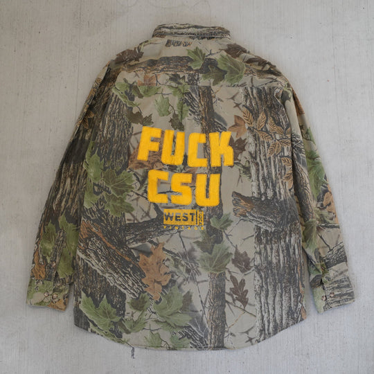 Reworked vintage 2000s Wrangler Rugged Wear camo field shirt – handcrafted Wyoming outdoor apparel from the Vintage Wyoming Gear Collection at West Block Vintage.