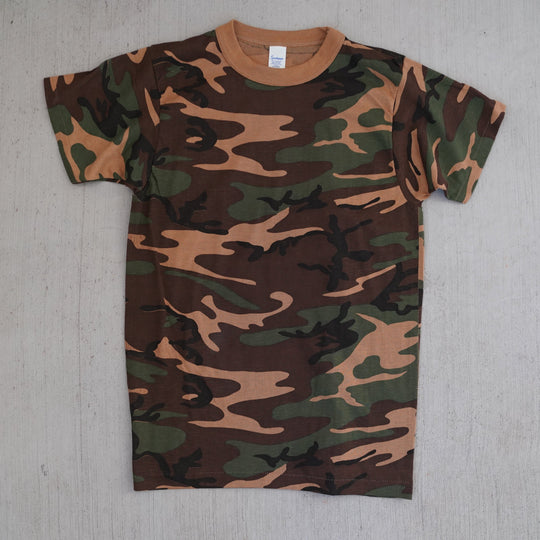 Reworked vintage woodland camo rivalry tee – 1980s style, screen printed in Wyoming, handcrafted outdoor apparel from the Vintage Wyoming Gear Collection at West Block Vintage.