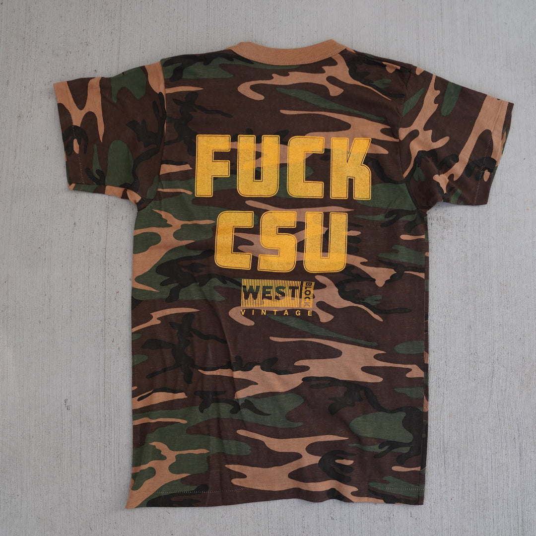 Reworked vintage woodland camo rivalry tee – 1980s style, screen printed in Wyoming, handcrafted outdoor apparel from the Vintage Wyoming Gear Collection at West Block Vintage.