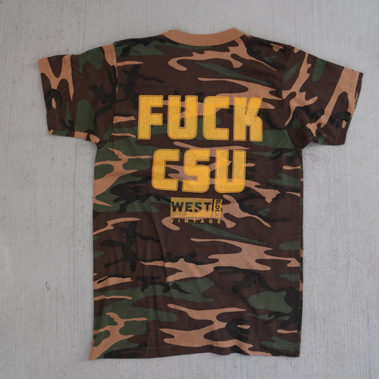 Reworked vintage woodland camo rivalry tee – 1980s style, screen printed in Wyoming, handcrafted outdoor apparel from the Vintage Wyoming Gear Collection at West Block Vintage.