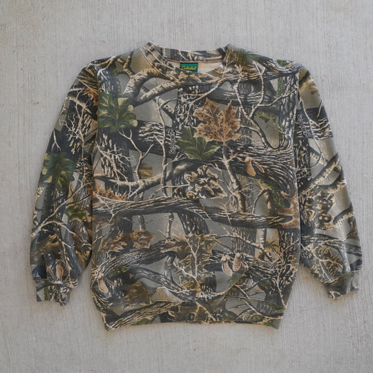 Reworked vintage Cabela’s camo crewneck – 2000s style, screen printed in Wyoming, handcrafted outdoor apparel from the Vintage Wyoming Gear Collection at West Block Vintage.