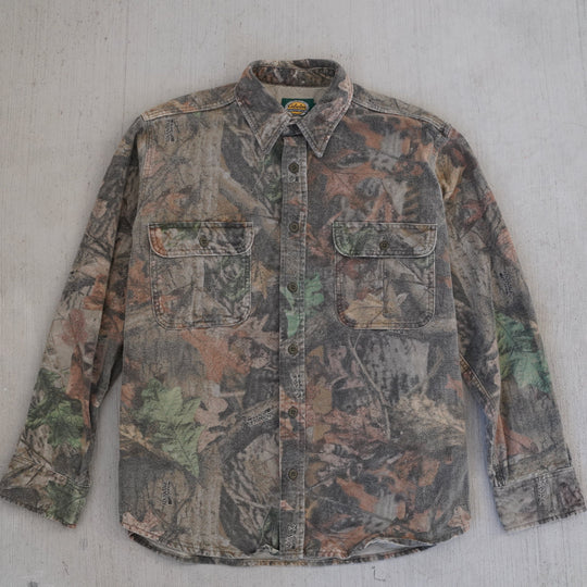 2000s Cabela’s Advantage Camo heavy cotton field shirt – reworked vintage outdoor wear from the Vintage Wyoming Gear Collection at West Block Vintage.