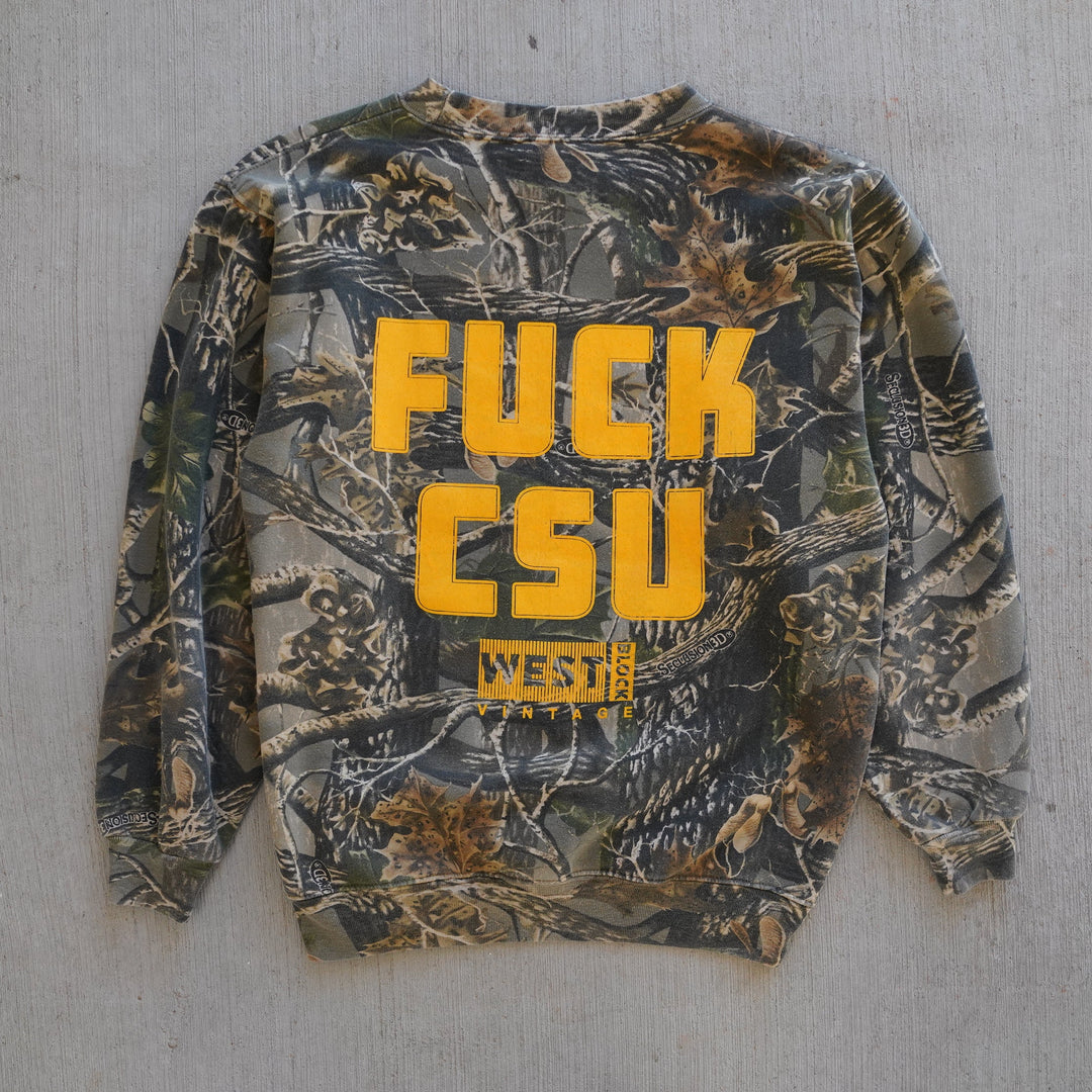 Reworked vintage Cabela’s camo crewneck – 2000s style, screen printed in Wyoming, handcrafted outdoor apparel from the Vintage Wyoming Gear Collection at West Block Vintage.