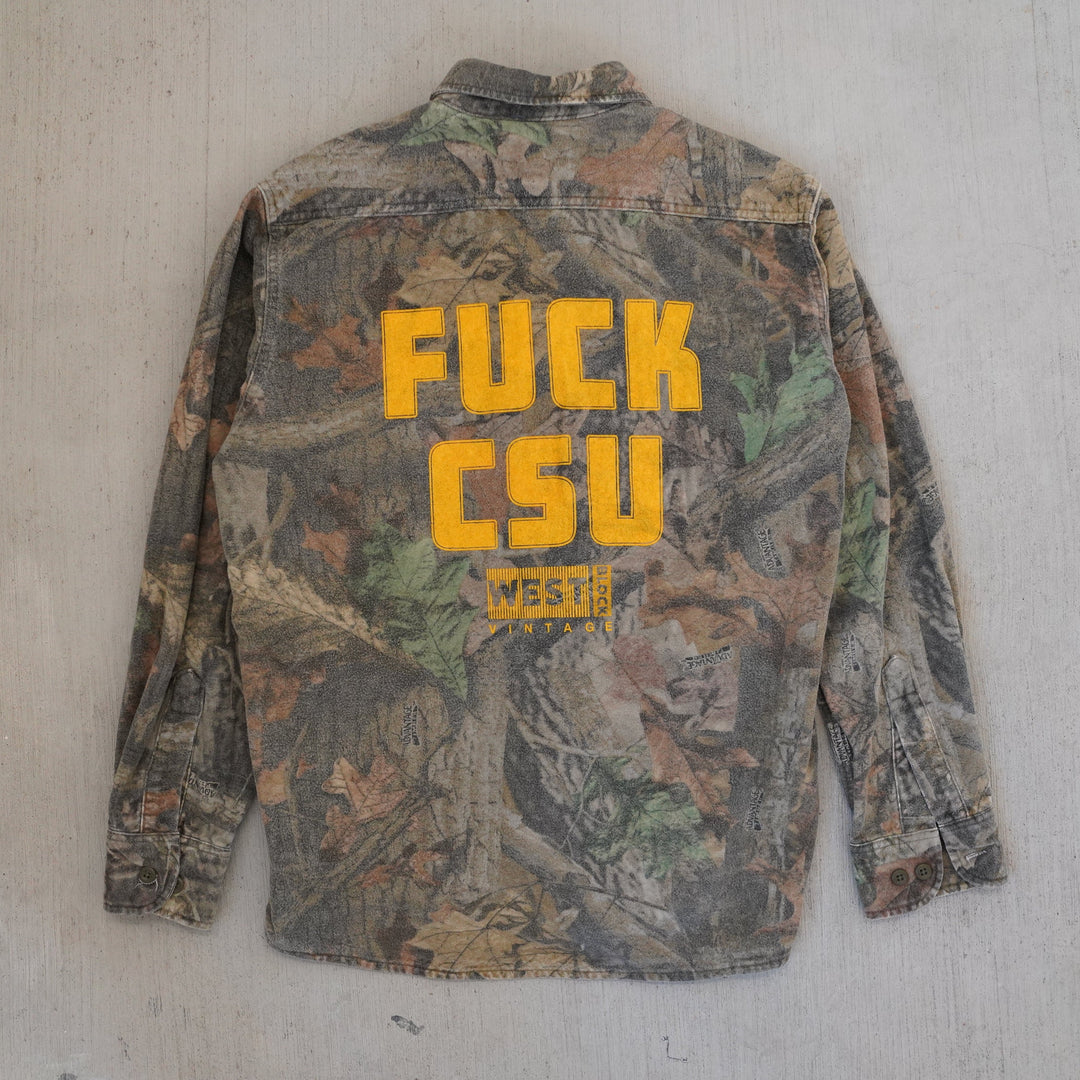 2000s Cabela’s Advantage Camo heavy cotton field shirt – reworked vintage outdoor wear from the Vintage Wyoming Gear Collection at West Block Vintage.