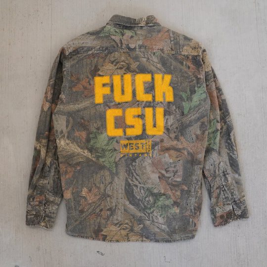 2000s Cabela’s Advantage Camo heavy cotton field shirt – reworked vintage outdoor wear from the Vintage Wyoming Gear Collection at West Block Vintage.