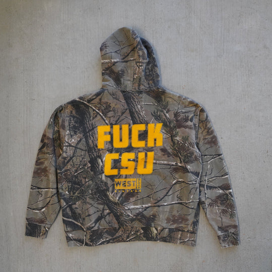 Reworked vintage RMEF Realtree camo hoodie – 2000s style, screen printed in Wyoming, handcrafted outdoor apparel from the Vintage Wyoming Gear Collection at West Block Vintage.