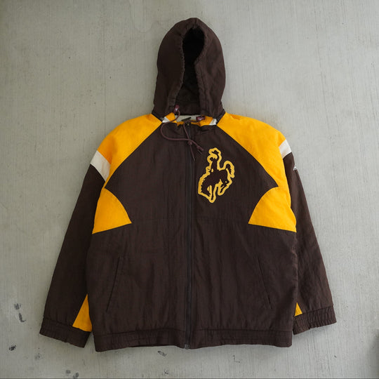 Vintage 1990s Apex 1 Wyoming Cowboys brown and gold hooded winter jacket — classic UW outerwear from the Vintage Wyoming Gear Collection at West Block Vintage.