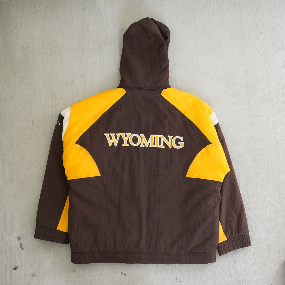 Vintage 1990s Apex 1 Wyoming Cowboys brown and gold hooded winter jacket — classic UW outerwear from the Vintage Wyoming Gear Collection at West Block Vintage.