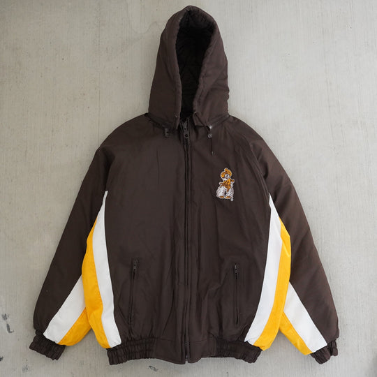Vintage 1990s Wyoming Cowboys Logo 7 brown and gold winter jacket with embroidered chest and back graphics — Vintage Wyoming Gear Collection, West Block Vintage.