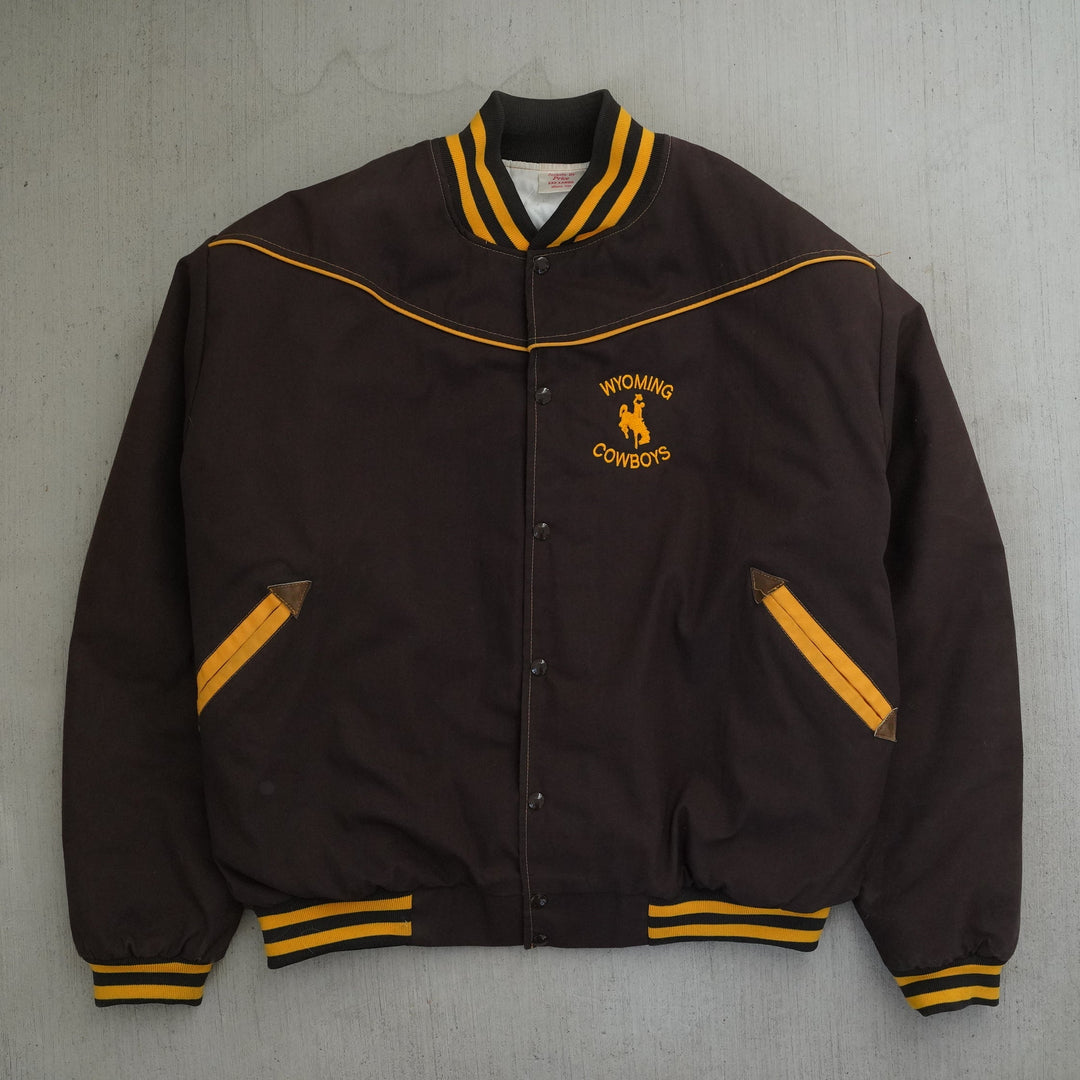 Vintage 90s Wyoming Cowboys Bomber Jacket by Price in XXL brown and gold — front and back photos, vintage sourced and restored in Wyoming, West Block Vintage.