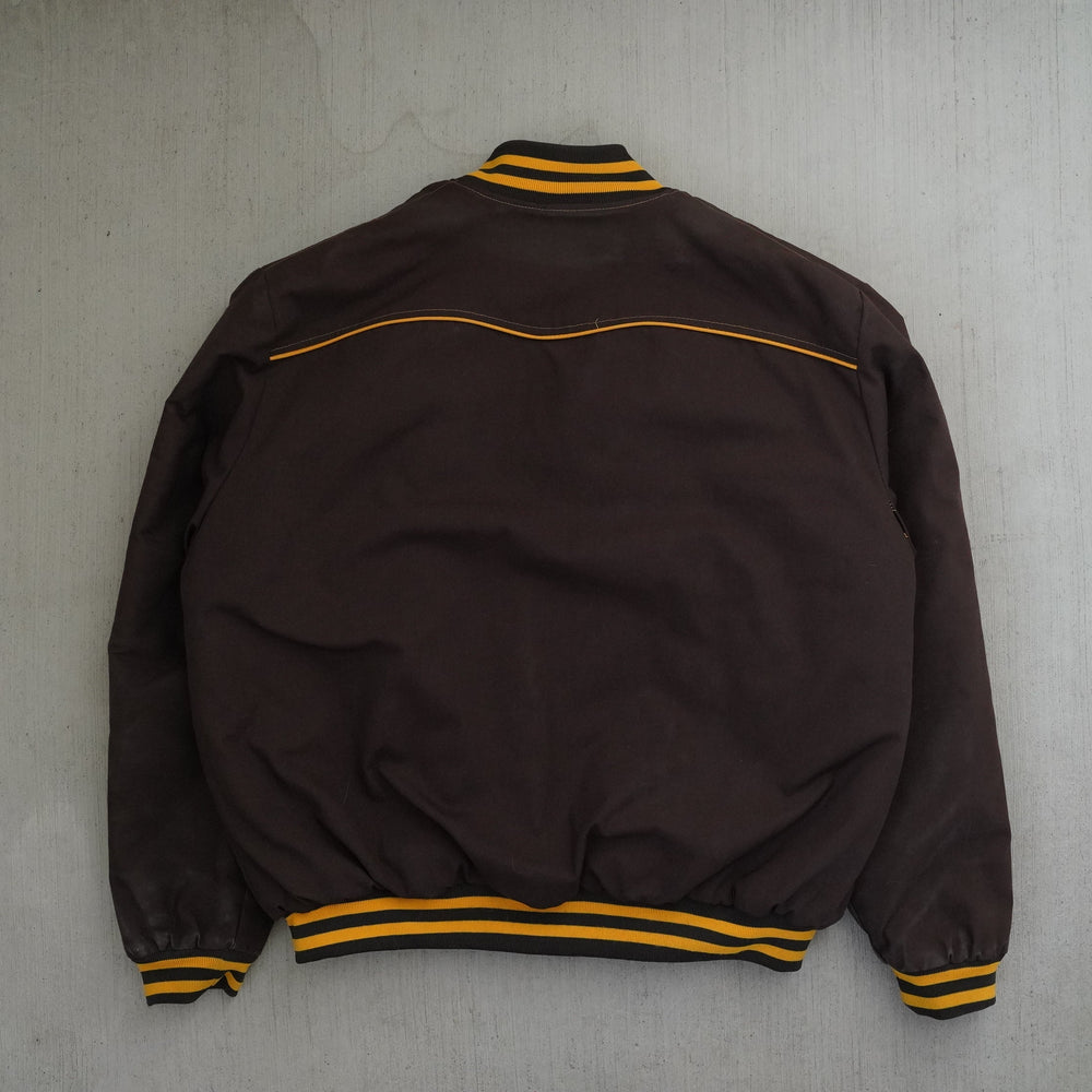 Vintage 90s Wyoming Cowboys Bomber Jacket by Price in XXL brown and gold — front and back photos, vintage sourced and restored in Wyoming, West Block Vintage.