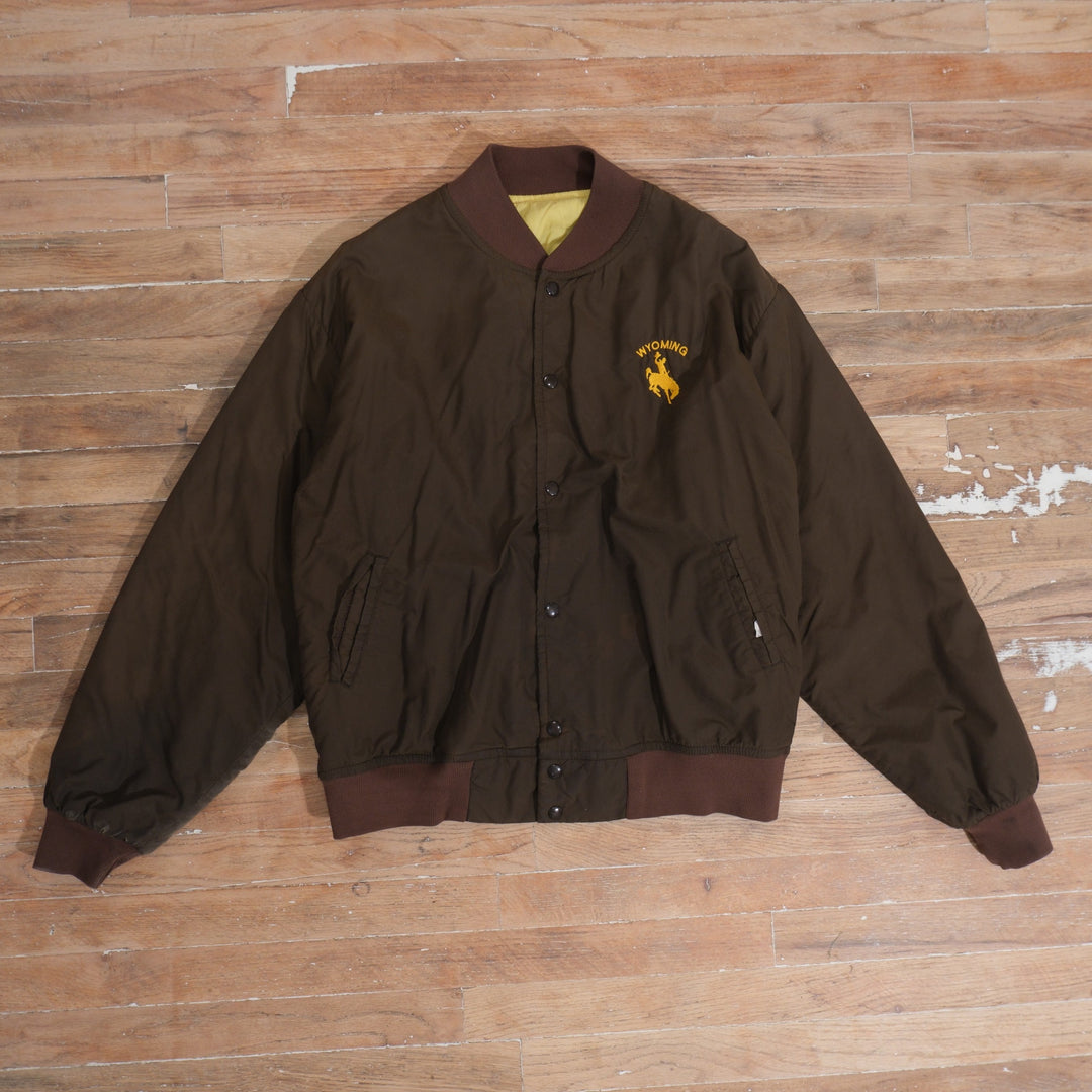 1980s 80s Wyoming Cowboys Quilted Snap Front Trucker Jacket, front view
