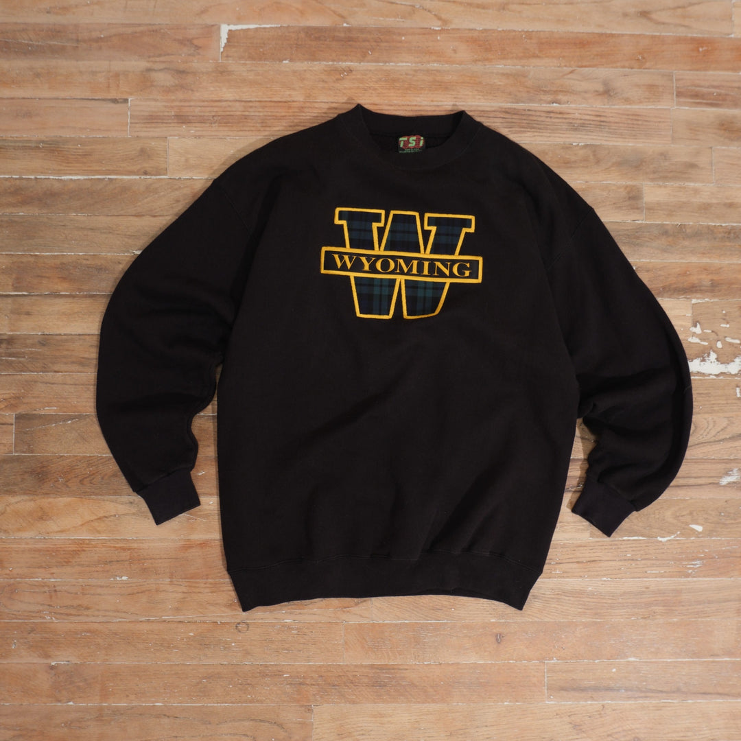 1980s 80s Wyoming Plaid W Embroidered Collegiate Crewneck, front view