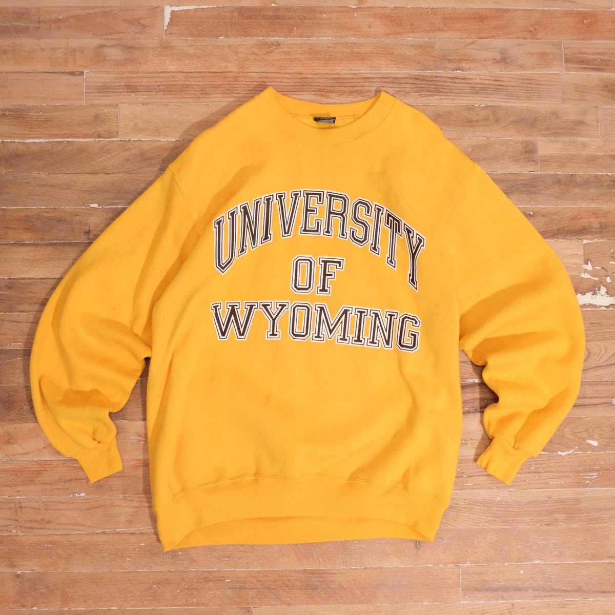 1980s 80s JanSport University of Wyoming Gold Spellout Crewneck, front view