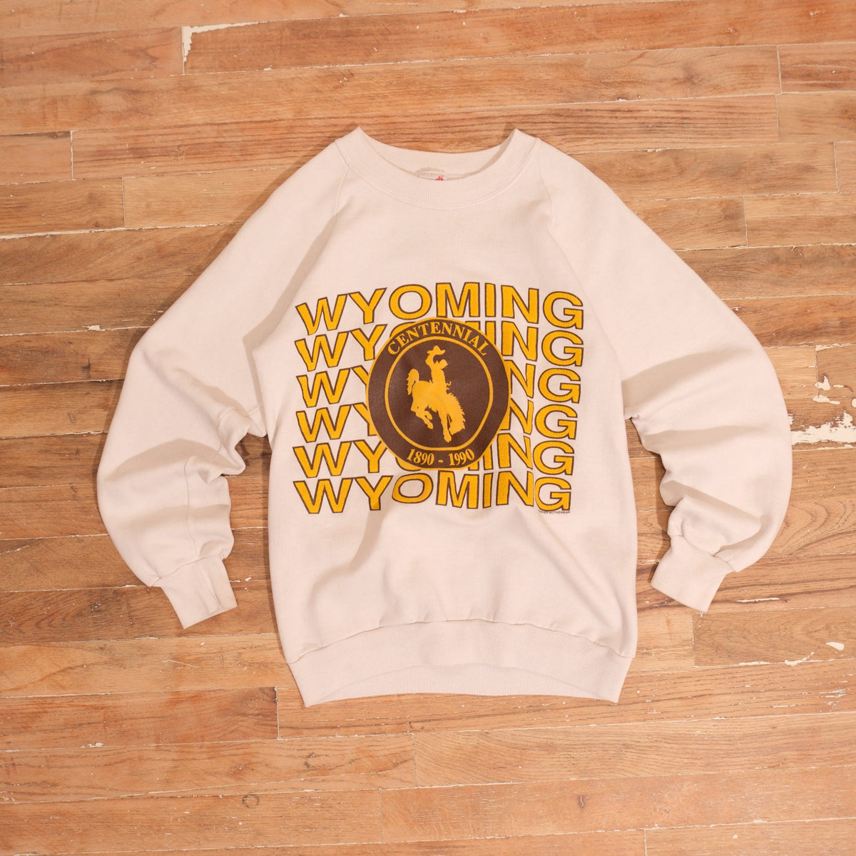 1990 1990 Wyoming Cowboys Centennial Steamboat Puff Print Crewneck, front view