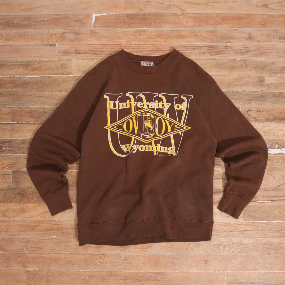 1993 1993 University of Wyoming Diamond Logo Brown Crewneck, full garment front view