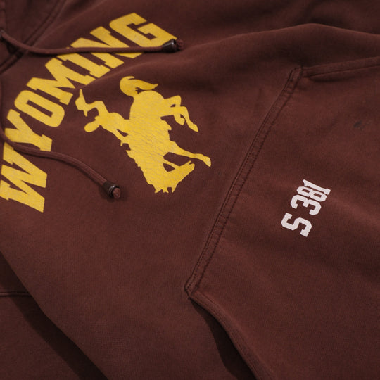 Close-up of gold Steamboat rodeo print and S381 number on faded brown hoodie