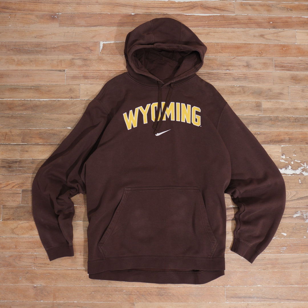 2000s Y2K Nike Wyoming Cowboys Faded Brown Spellout Hoodie, full garment front view