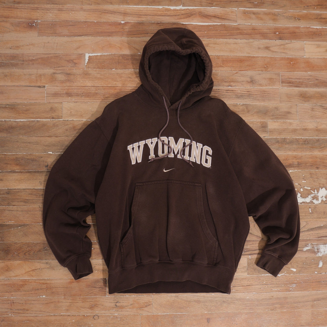 Mid-2000s Y2K Nike Wyoming Cowboys Embroidered Arch Brown Hoodie, full garment front view