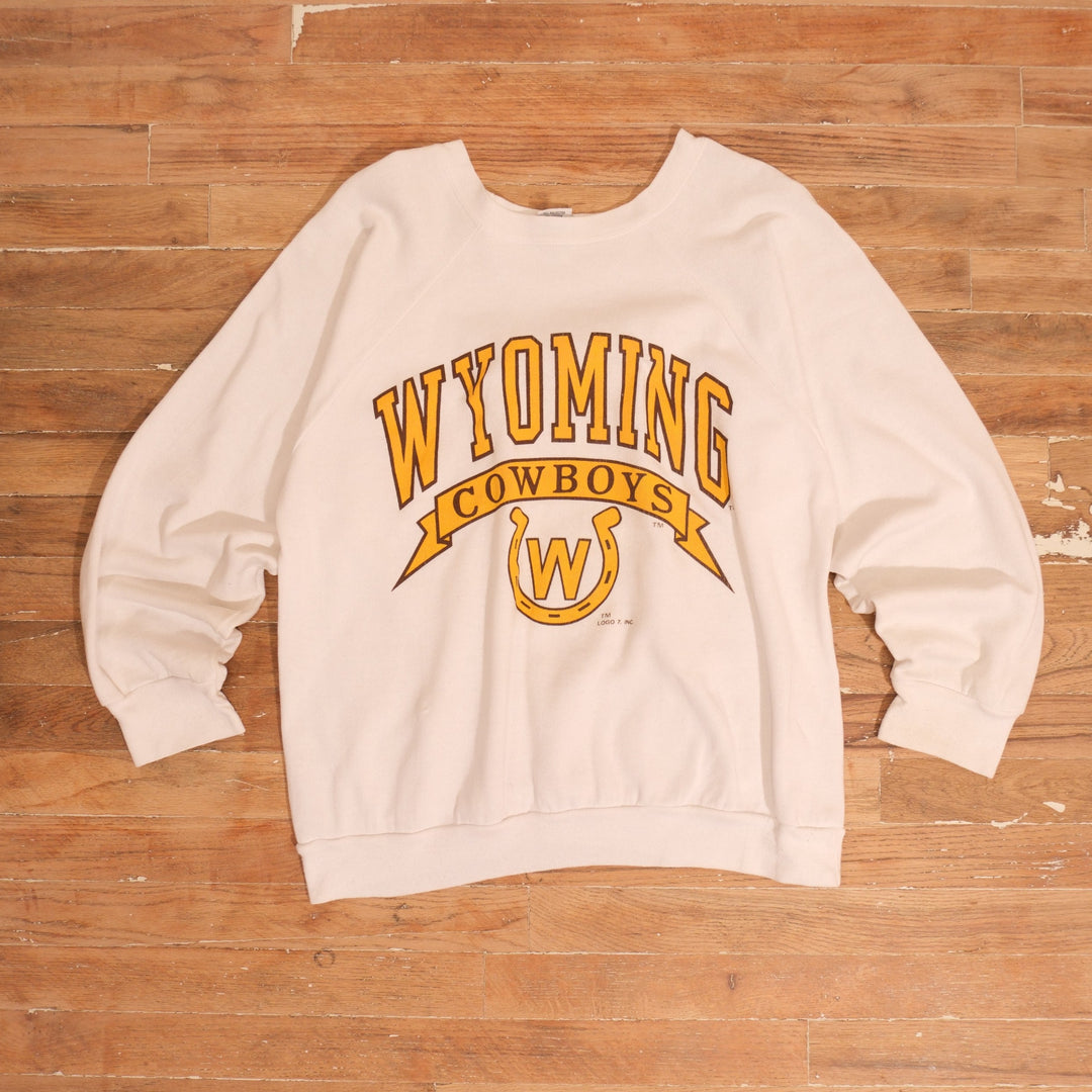 1980s 80s Logo 7 Wyoming Cowboys Horseshoe Graphic Crewneck, full garment front view