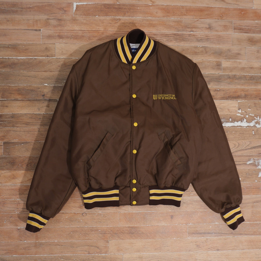 1980s 80s University of Wyoming Embroidered Varsity Bomber Jacket, full garment front view