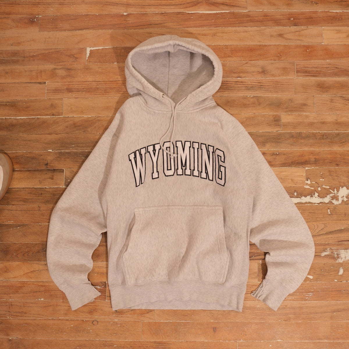 Early 2000s Y2K Wyoming Arched Logo Thrashed Cuff Hoodie, full garment front view