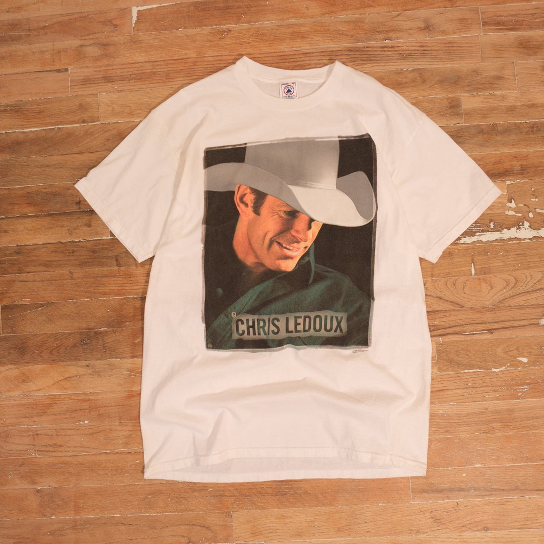 Front of 1998 Chris LeDoux One Road Man Tour white T-shirt with photographic portrait