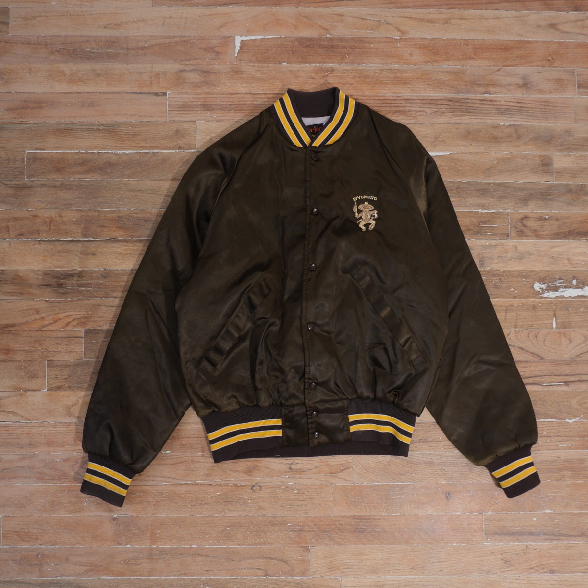 1980s 80s Wyoming Cowboys Satin Embroidered Varsity Jacket, full garment front view