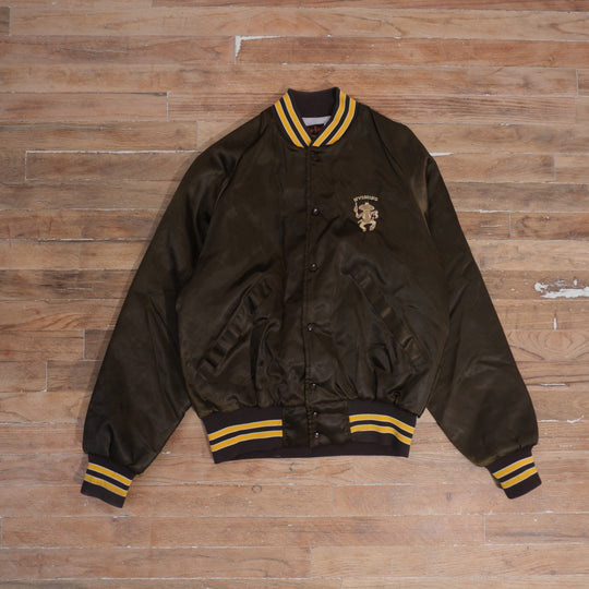 1980s 80s Wyoming Cowboys Satin Embroidered Varsity Jacket, full garment front view