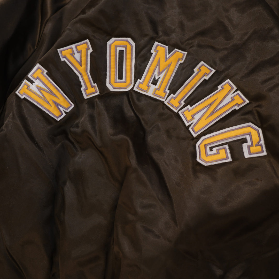 Detail of Wyoming embroidery on vintage 1980s varsity jacket