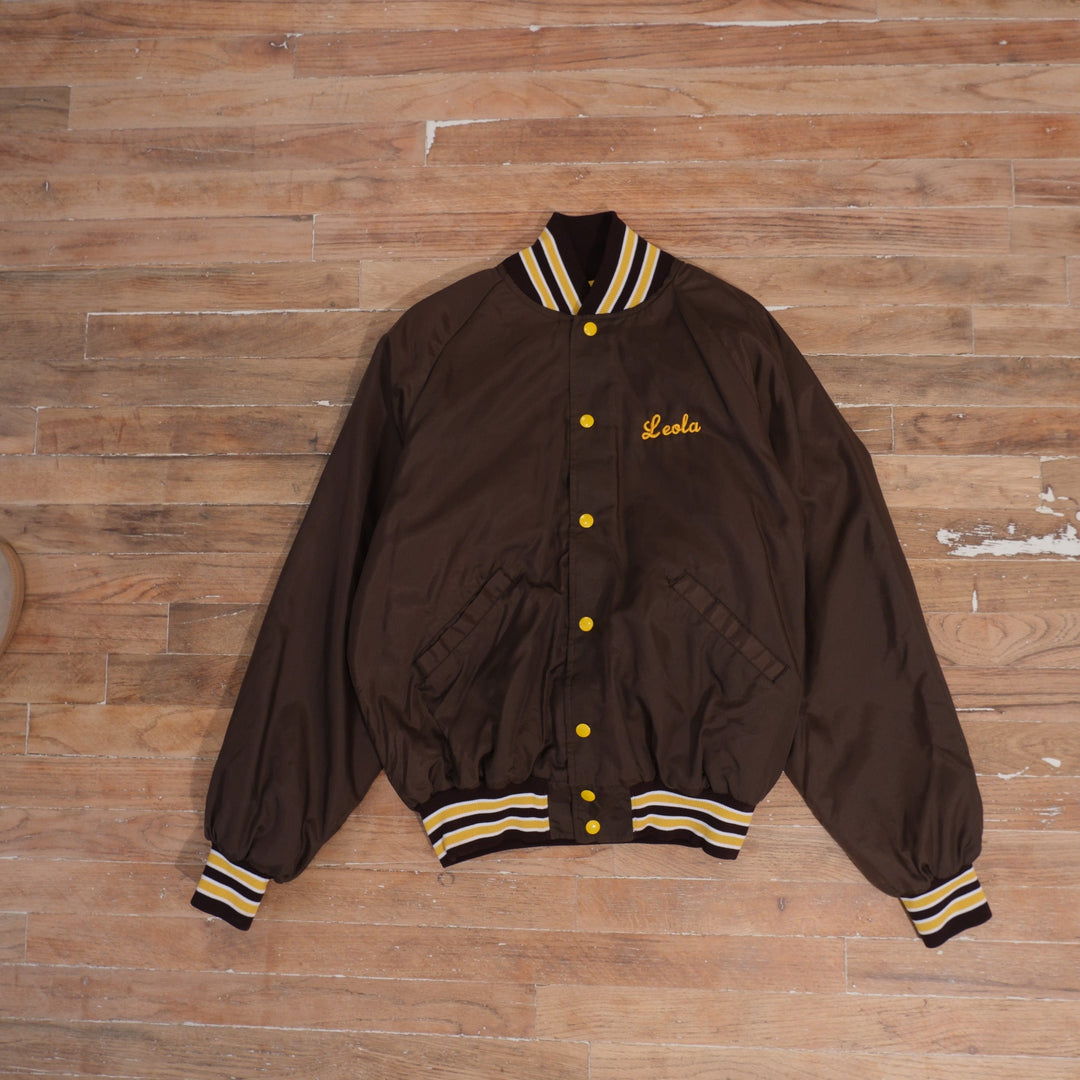 1980s 80s Wyoming Cowboys Embroidered Steamboat Bomber Jacket, full garment front view