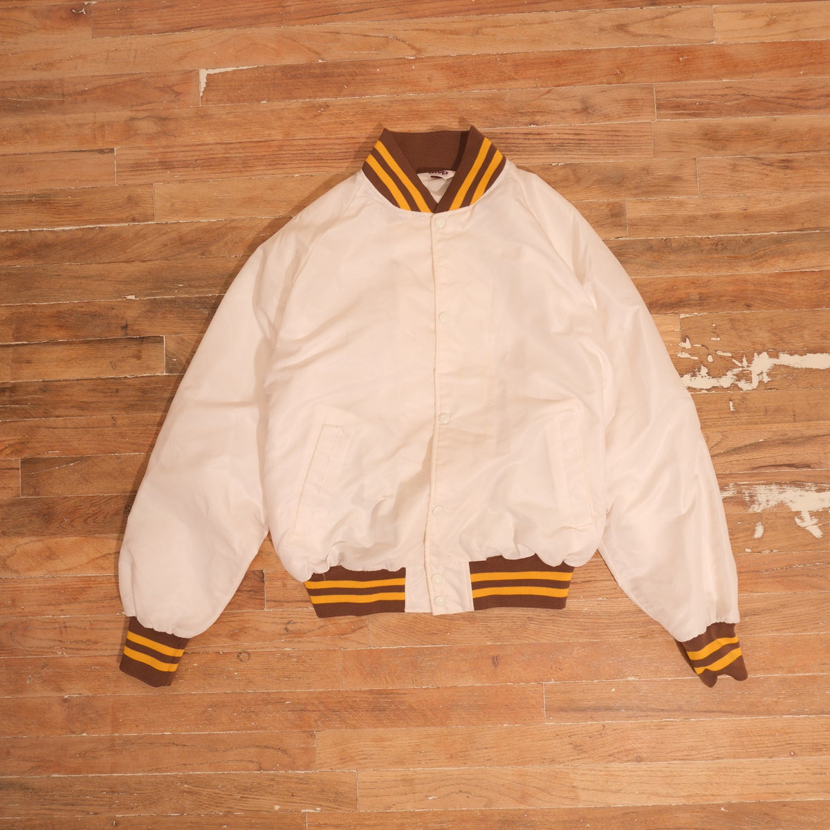 1980s 80s Wyoming Cowboys Embroidered Arch Satin Bomber Jacket, full garment front view