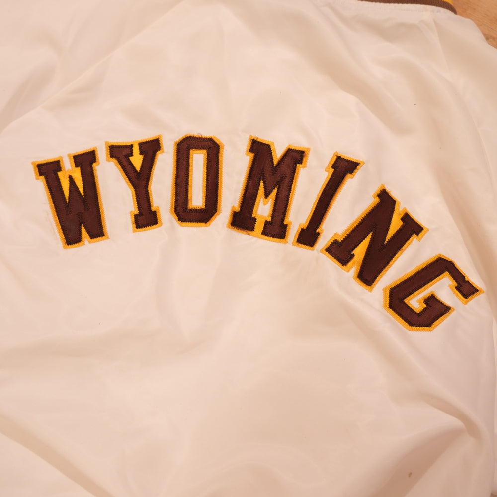 Detail of Wyoming embroidery on vintage 1980s bomber jacket